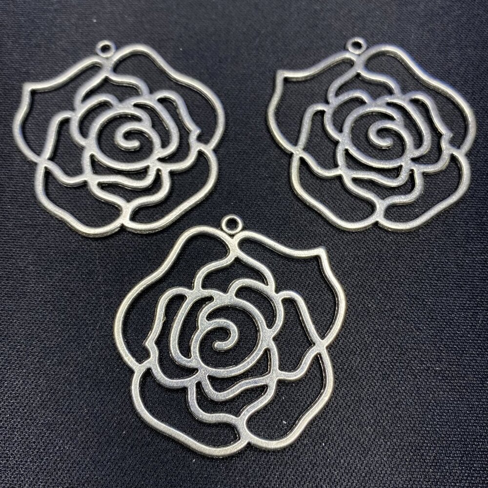 Rose Flower Pendant, Antique Silver, Large 42 x 42mm